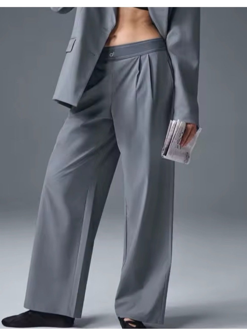 ALO Yoga suit up Wide-Leg Trousers in Gray large L pull-on stretch nwt